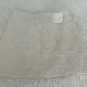 Altar'd State Ivory Tweed Pearl-Accent Mini Skirt